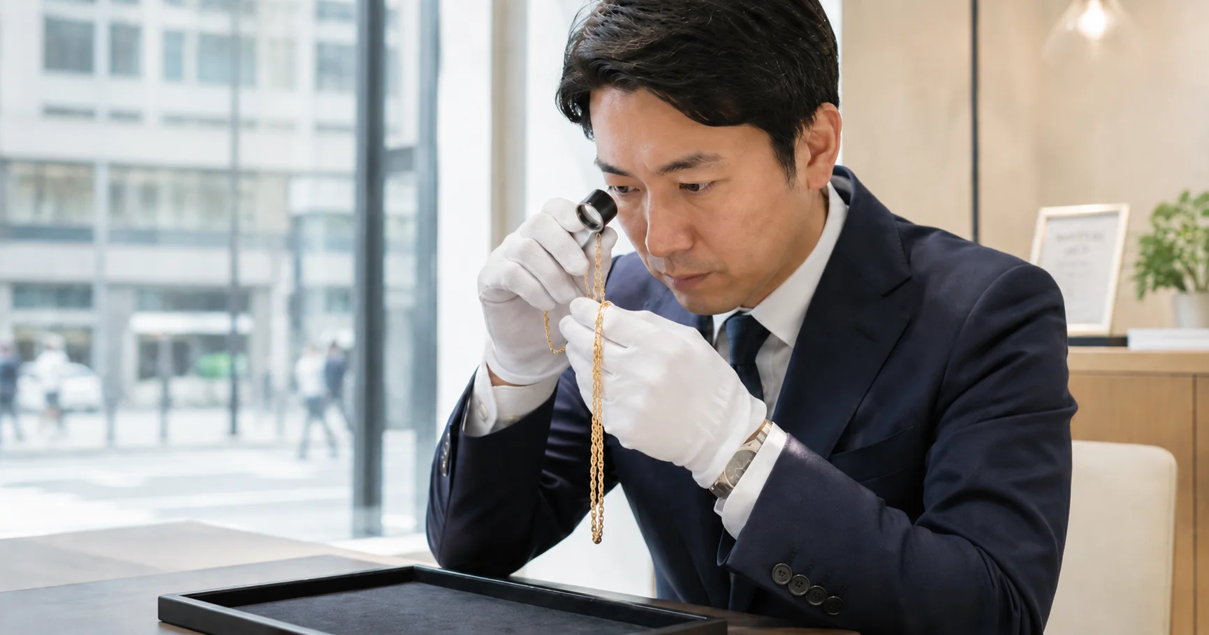 金のネックレスを査定するダンシャリ銀座の鑑定士