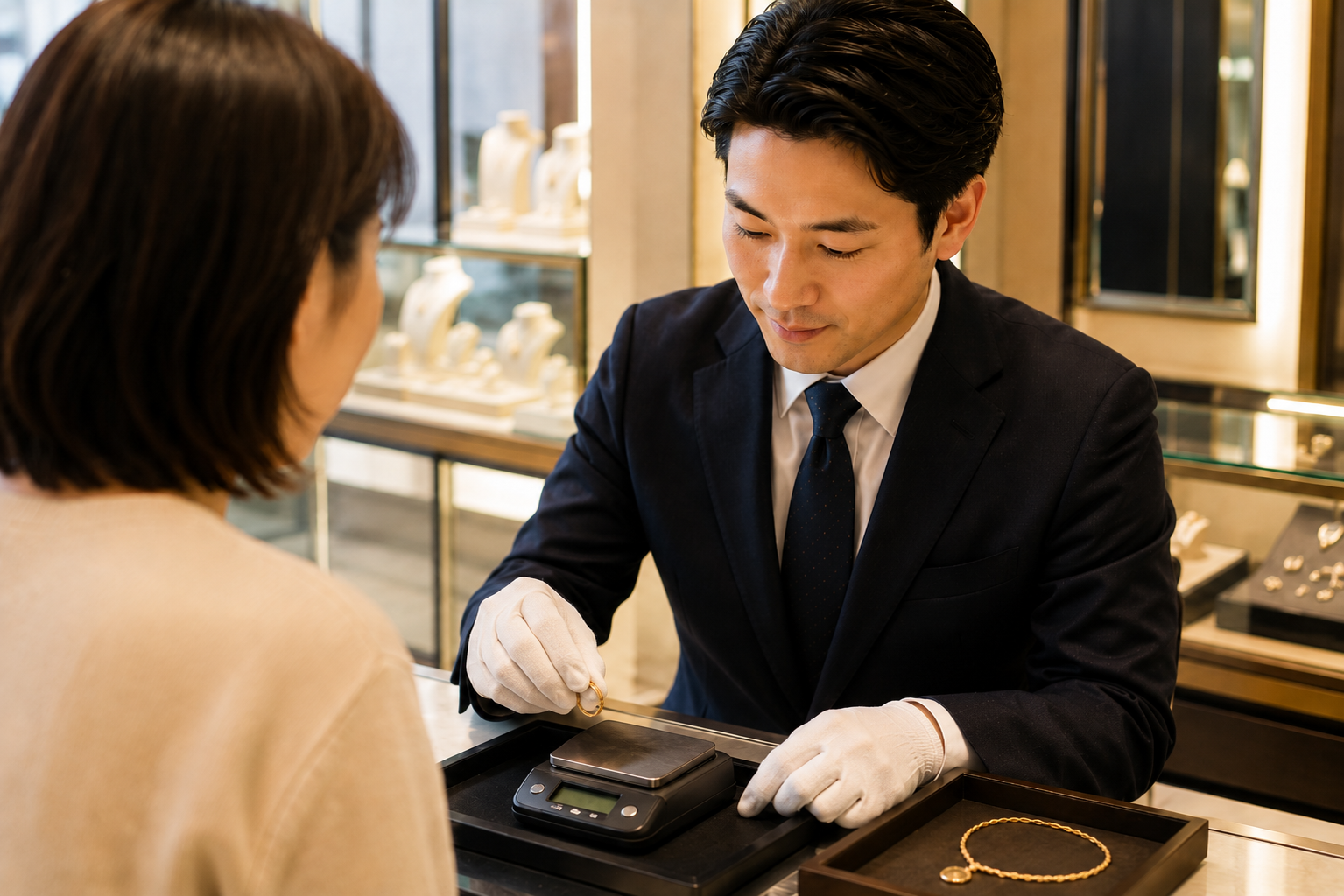 鑑定士が目の前でリングを計量するシーン