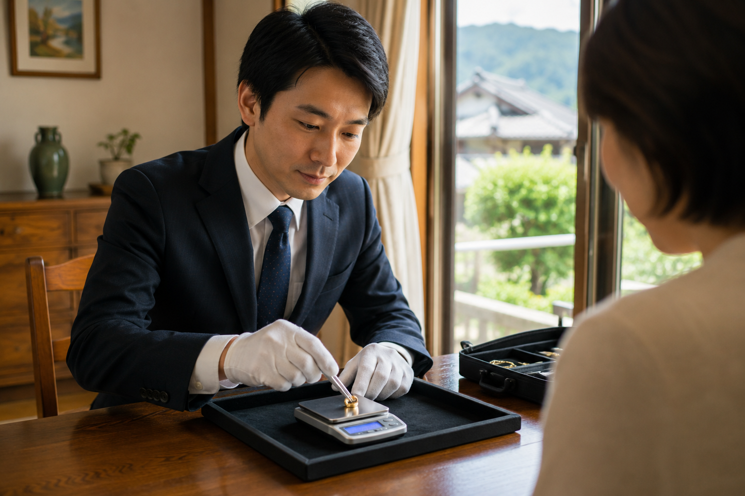 出張買取で自宅にいながら銀座水準の査定を受ける様子