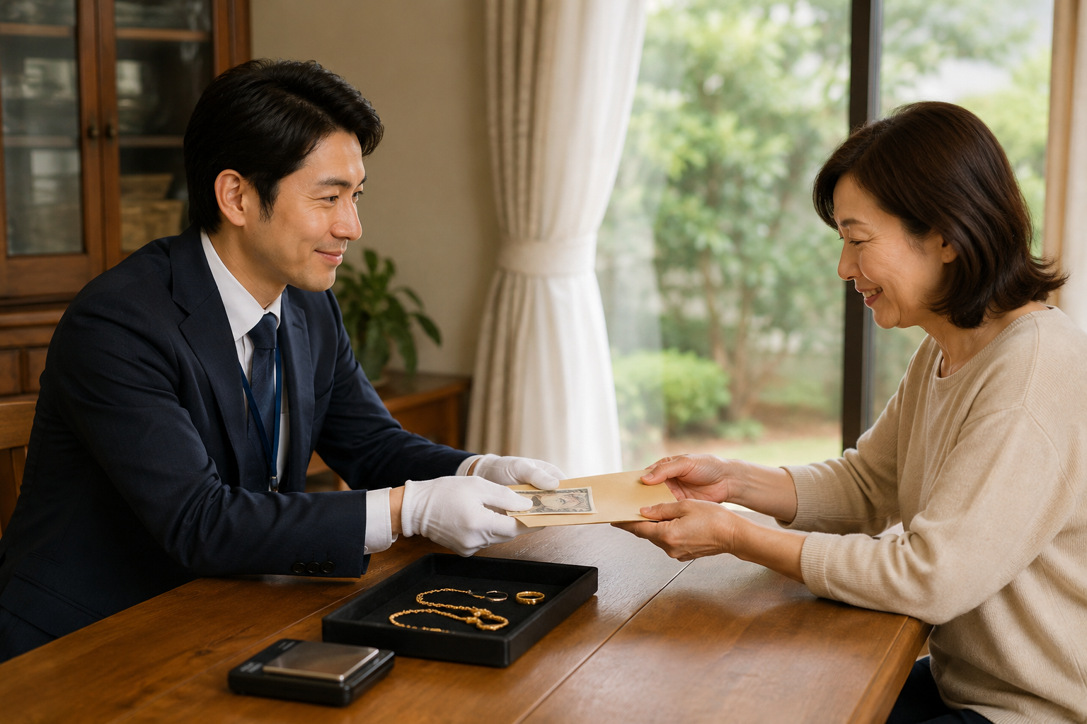 銀座の鑑定士が地方在住のお客様の金を査定する出張買取の様子
