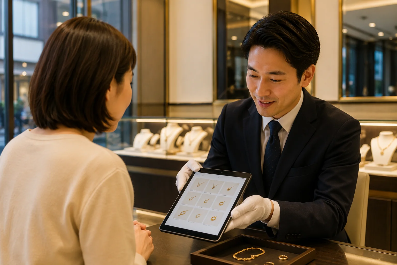 鑑定士がタブレットで説明する接客シーン